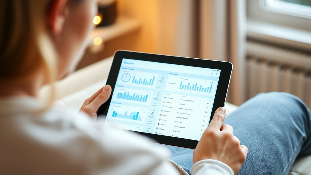 Person using tablet to access digital health records, sitting comfortably at home with warm lighting, medical charts visible on screen interface