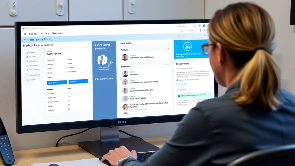 Person sitting at a desk with a computer monitor showing a patient portal with medical records, prescription information, and secure messaging interface displayed clearly