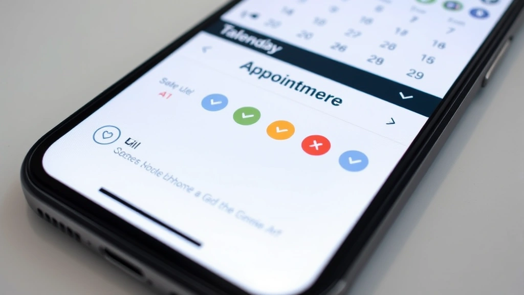 Close-up of smartphone displaying healthcare appointment calendar with checkmarks and notification badges, modern clean interface design
