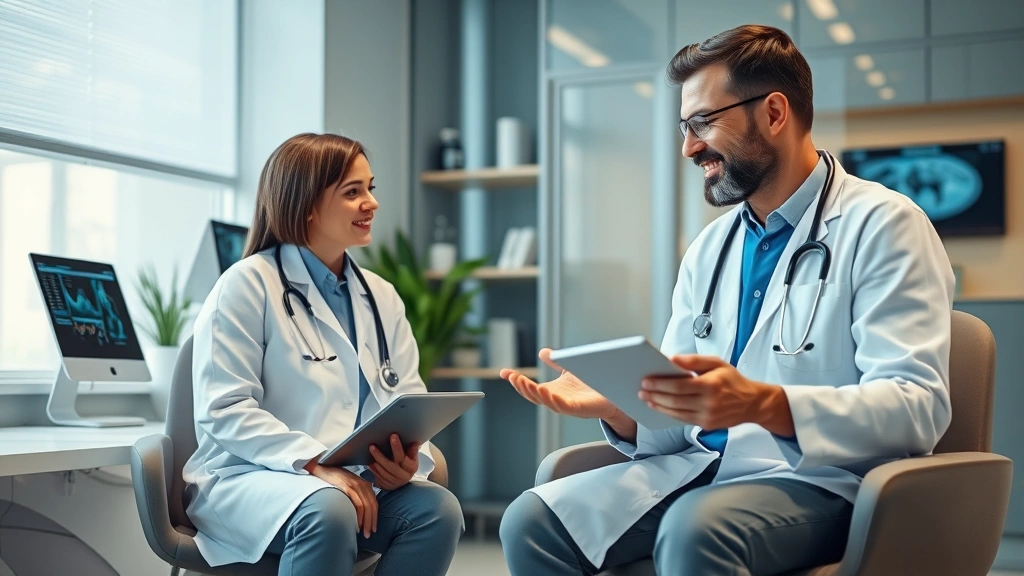 Healthcare provider and patient having a consultation in a modern clinic room with digital health technology visible in the background and both appearing engaged