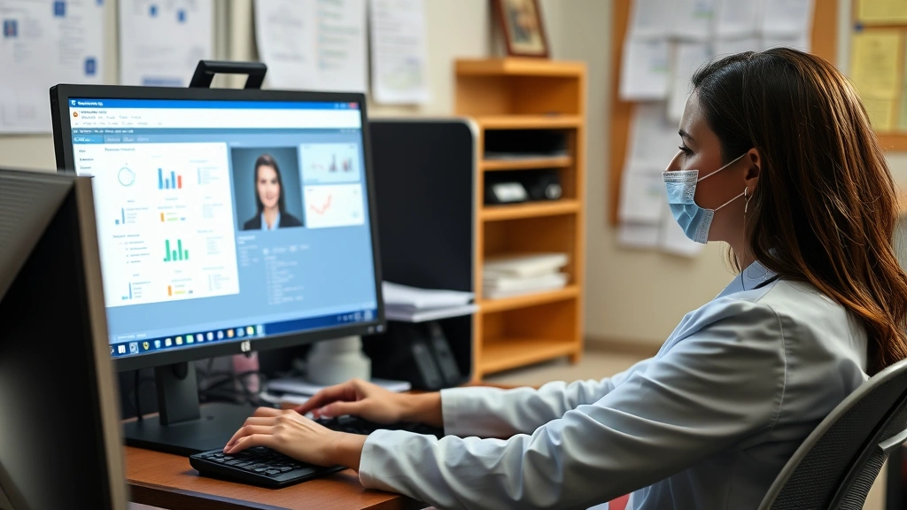 Professional healthcare worker at computer reviewing patient portal data, organized medical documents and charts in background, focused workspace