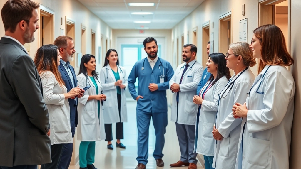 Professional healthcare environment with diverse medical professionals collaborating in a modern clinic hallway, natural lighting, warm professional atmosphere