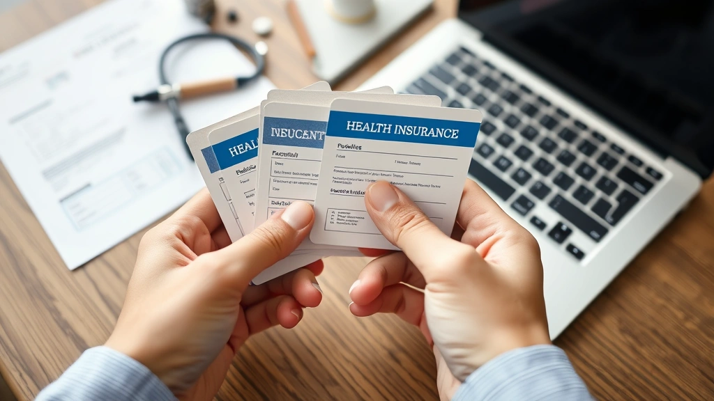 Close-up of hands holding health insurance cards and medical documents, organized on a wooden desk with laptop, organized and professional setting