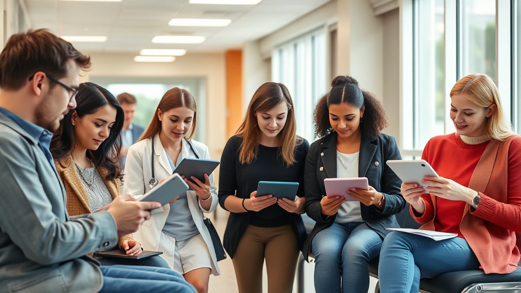 Diverse group of people in a medical waiting room looking at digital tablets and forms, natural lighting, welcoming healthcare facility environment