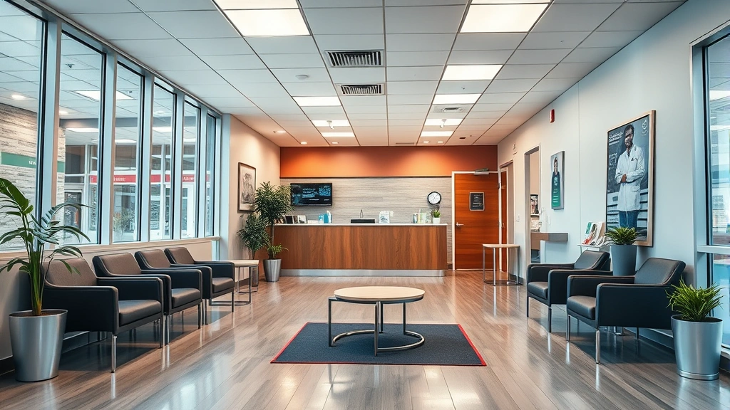 Modern urgent care clinic reception area with comfortable seating, bright lighting, and welcoming atmosphere, no people visible, clean and professional medical environment
