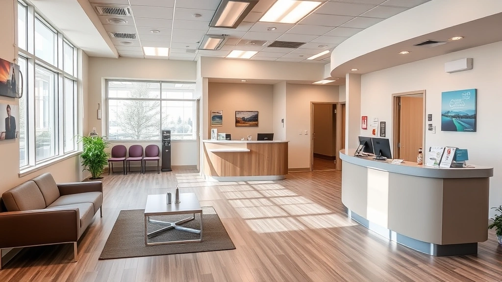 Modern urgent care reception area with comfortable seating, check-in desk, and welcoming medical environment, natural lighting through windows, clean and organized