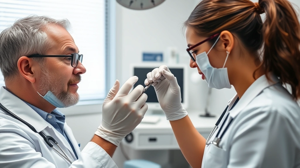 Doctor or nurse practitioner examining patient's ear or throat with medical instruments in a clinical exam room setting, photorealistic medical scene