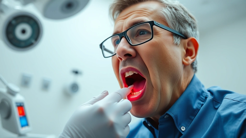 Medical professional examining patient's throat with tongue depressor in bright examination room, focused diagnostic moment, professional healthcare setting