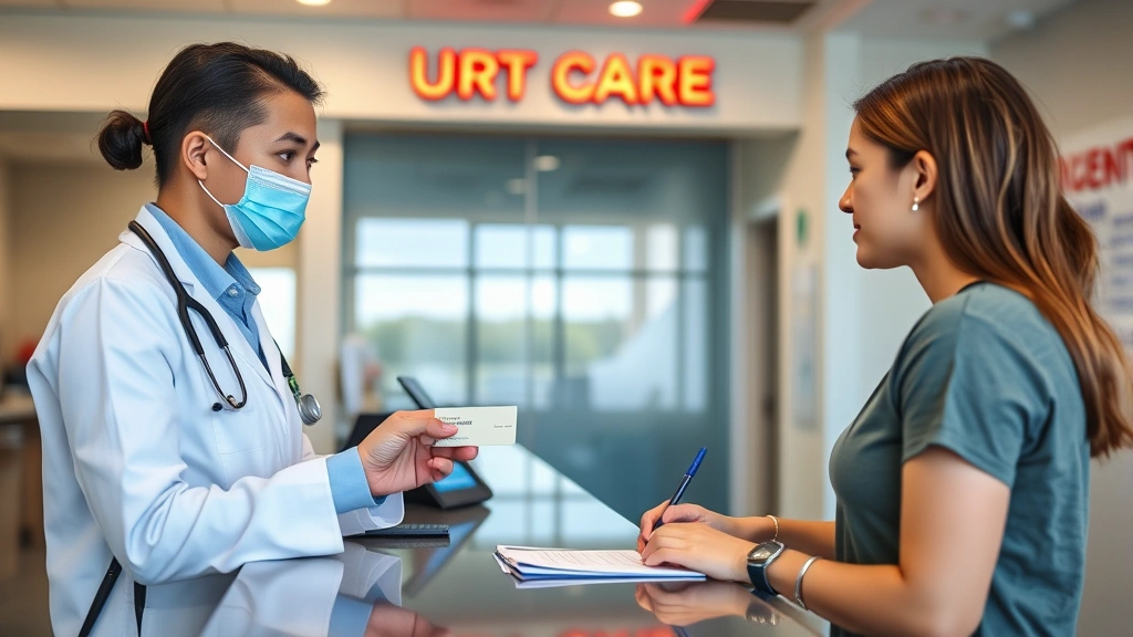 Patient checking in at urgent care front desk with receptionist, showing insurance card and completing paperwork, professional healthcare setting
