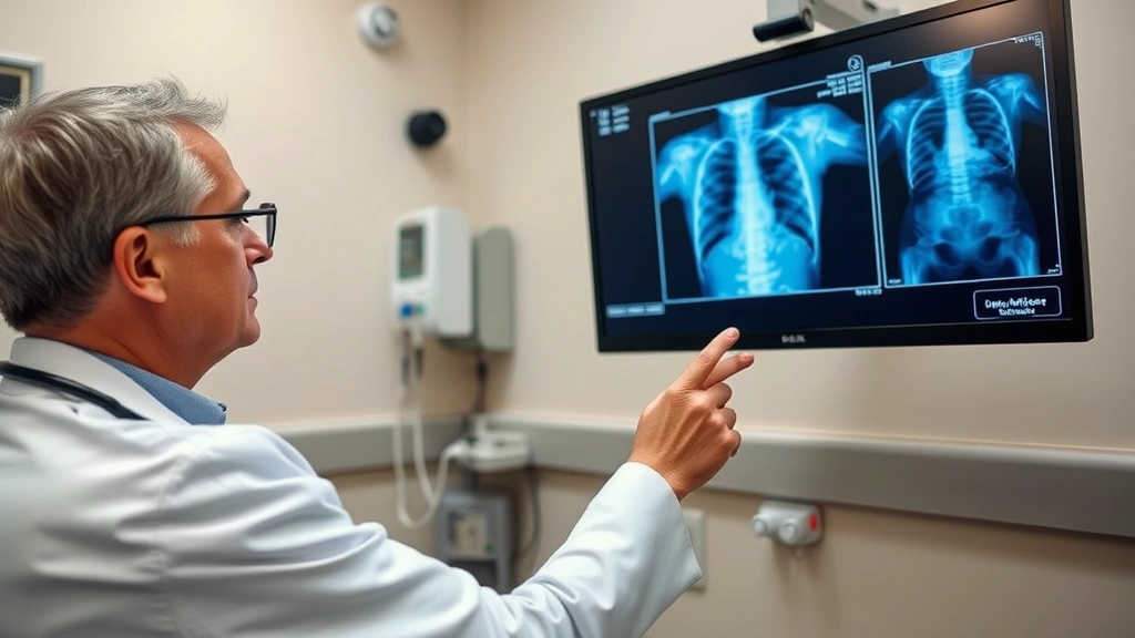 Doctor reviewing X-ray results on digital display screen in urgent care clinic, analyzing medical imaging with concentration, clinical environment