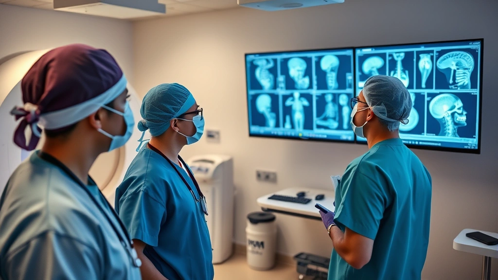 Healthcare professionals in surgical attire reviewing medical imaging on illuminated screens in a modern diagnostic imaging center