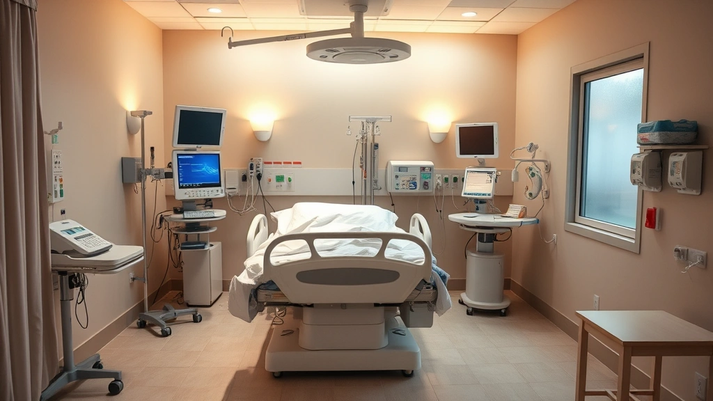 Patient recovery room with comfortable hospital bed, medical monitoring equipment, and peaceful healing environment with soft lighting
