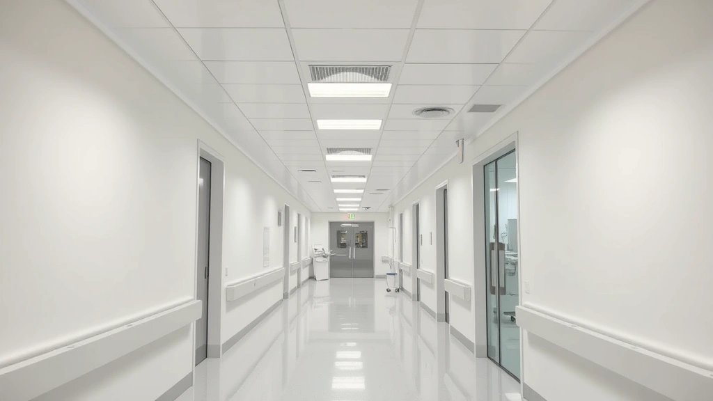 Modern hospital corridor with clean white walls, bright overhead lighting, and medical equipment visible through glass doors, photorealistic style