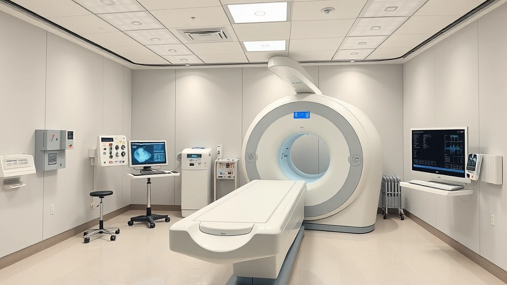 Advanced diagnostic imaging room with MRI machine and control panel, modern hospital facility, photorealistic medical environment