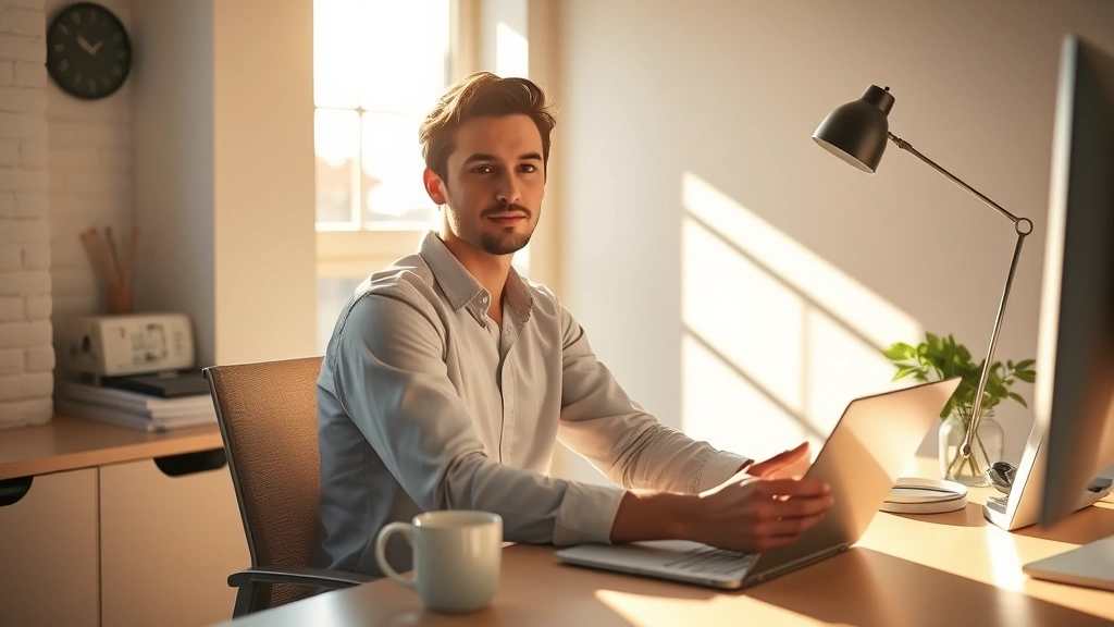 A person sitting at a desk on Friday afternoon, sunlight streaming through office window, relaxed posture with coffee cup, warm lighting suggesting end of workweek