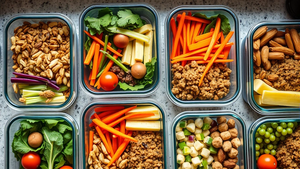 Overhead view of healthy meal prep containers with colorful vegetables, nuts, and proteins arranged on kitchen counter, natural daylight from above