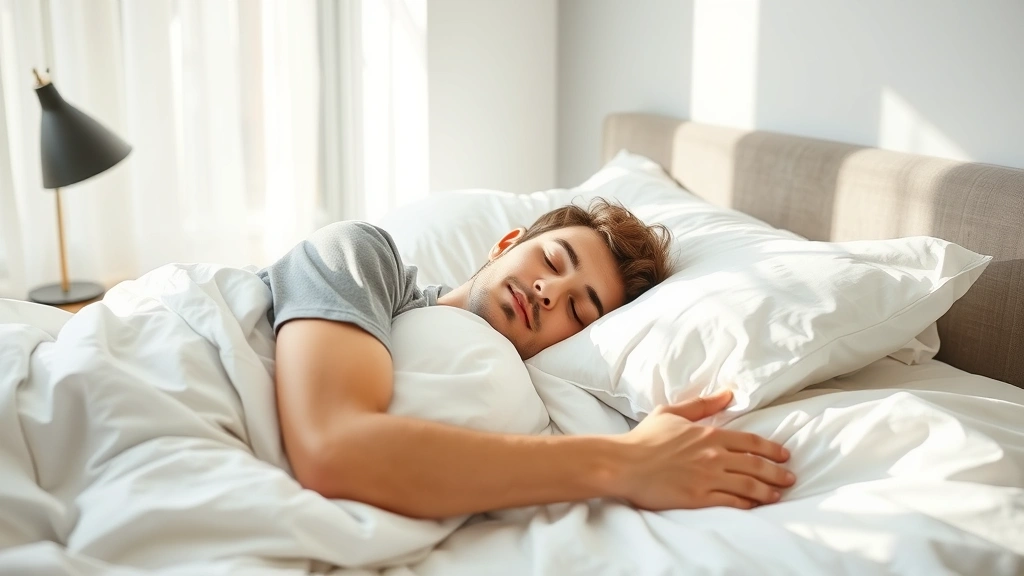 Person sleeping peacefully in comfortable bedding, morning light, rested expression, clean modern bedroom environment, tranquil atmosphere