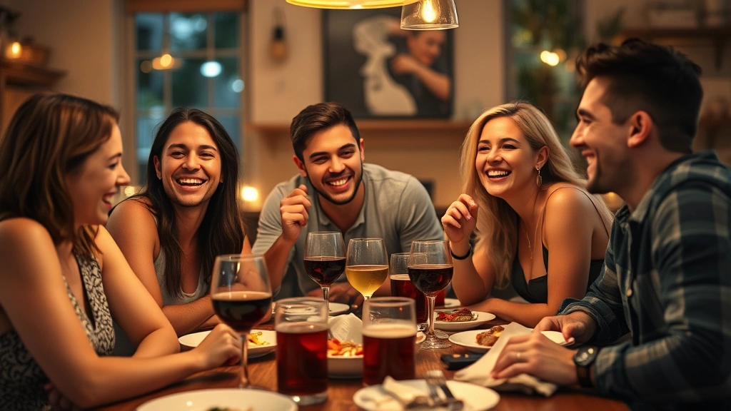 A group of friends laughing together at a casual dinner table with food and drinks, warm ambient lighting, genuine connection and joy evident in their expressions
