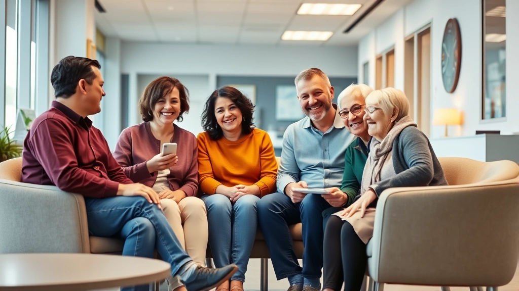 A diverse multi-generational family in a modern, welcoming medical clinic waiting room with warm lighting and comfortable seating, showing genuine interaction and comfort
