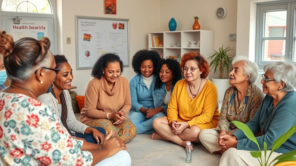 A group of diverse patients of various ages participating in a wellness workshop or health education session in a community health center setting with collaborative energy