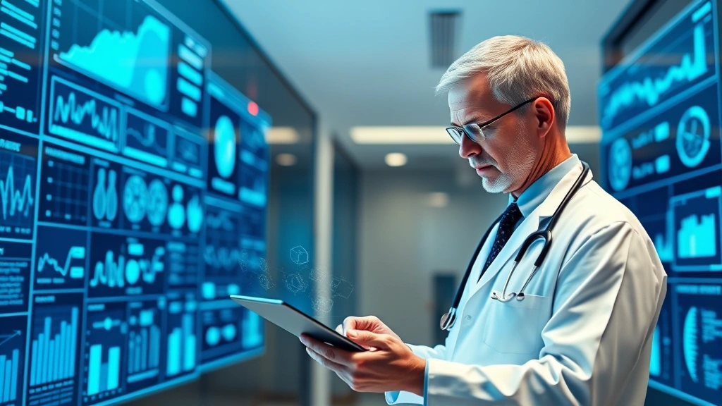 Doctor in modern clinic reviewing digital health data on tablet, surrounded by holographic medical charts and patient monitoring screens, soft blue and white lighting