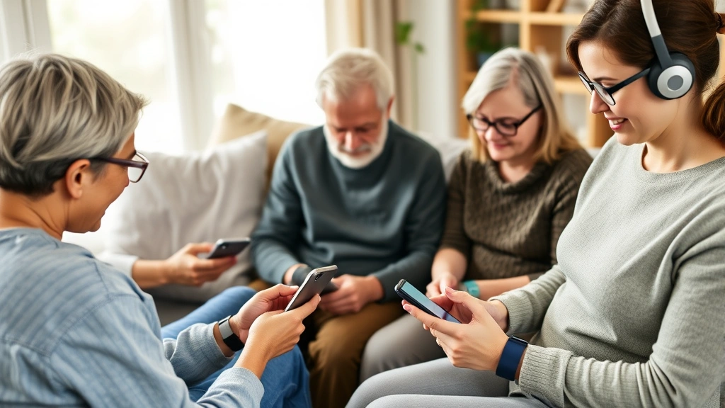 Diverse patients using various wearable health devices and smartphones tracking wellness metrics, sitting in comfortable home environments with natural light