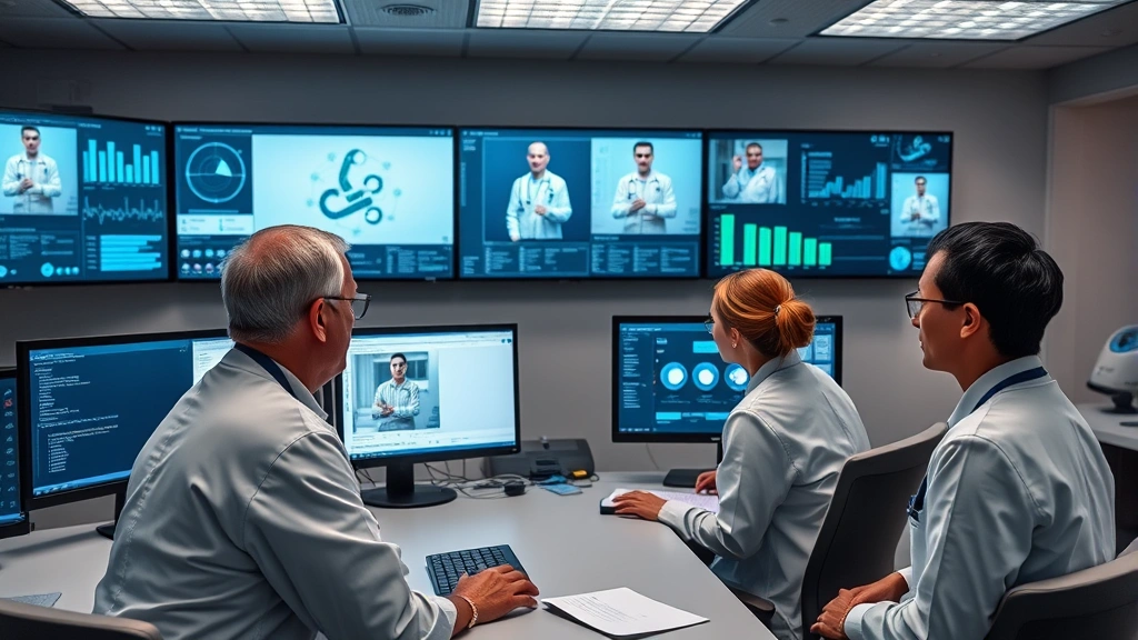 Healthcare team collaborating in control center with multiple screens displaying patient data, AI analytics, and telemedicine consultations in progress