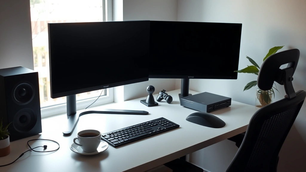 Minimalist desk setup with dual monitors, ergonomic keyboard, and a cup of coffee, soft natural lighting from window, clean organized workspace