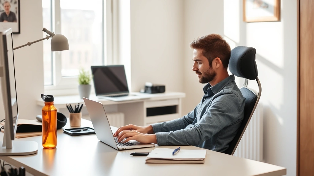 Person sitting at desk with laptop, workspace with ergonomic setup, natural daylight from window, organized desk with water bottle and notebook