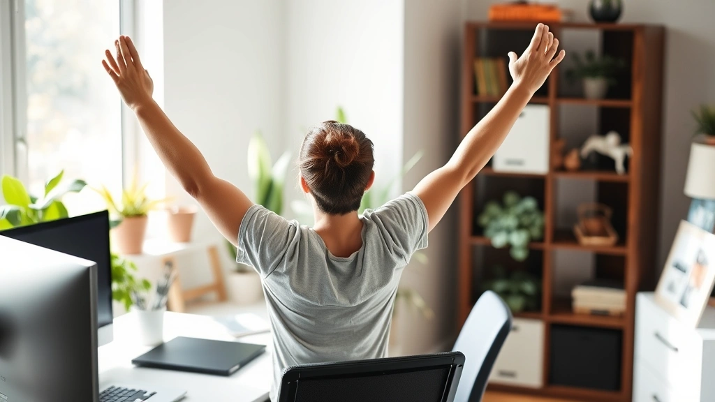 Person stretching at desk in home office environment, arms extended upward, plants visible in background, bright natural light, healthy posture demonstration