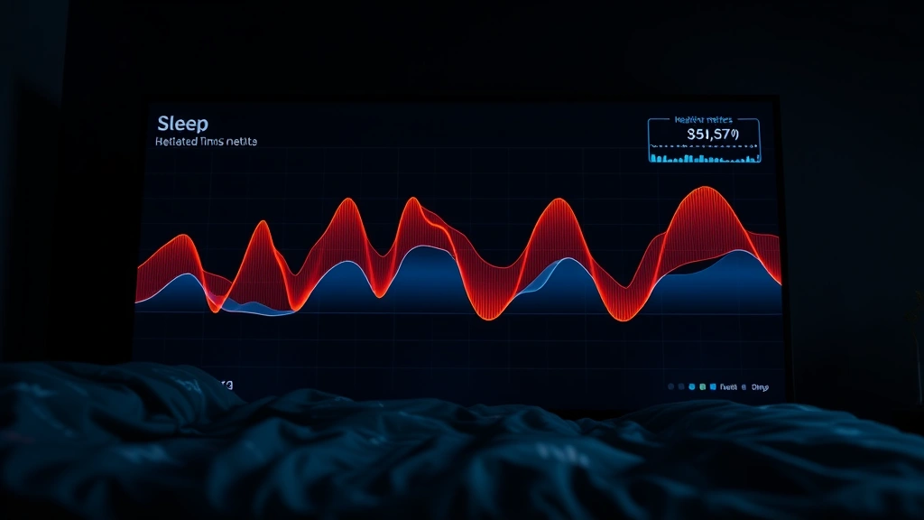 Digital waveform visualization of sleep data, abstract health metrics on screen, glowing graphs showing wellness patterns in dark room