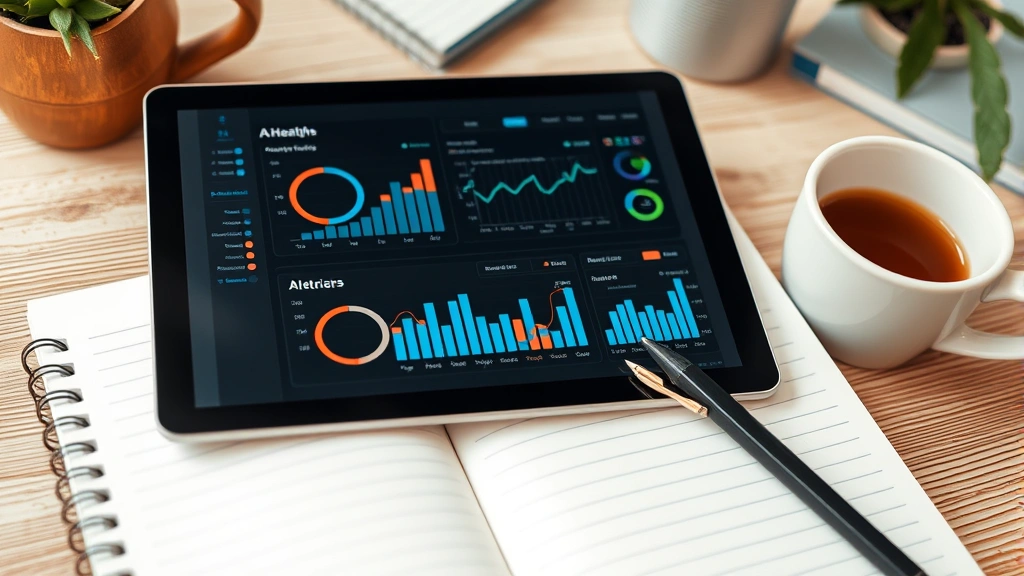 Close-up of notebook with pen and digital tablet showing health tracking data graphs and metrics, coffee cup nearby, organized workspace aesthetic