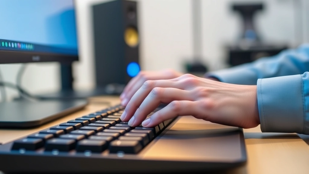 Close-up of hands typing on mechanical keyboard with proper posture, ergonomic workspace, blue light from monitor, professional desk environment
