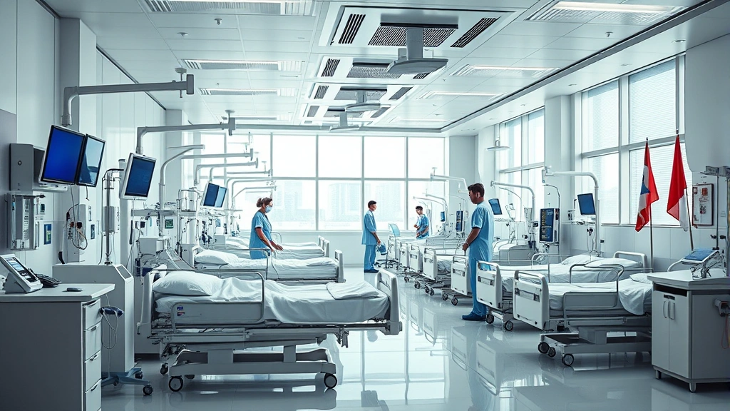 Modern hospital ward with advanced medical equipment, multiple beds, healthcare workers attending to patients, clean bright environment with international flags visible