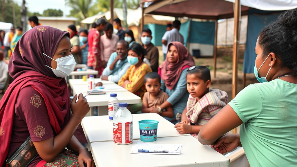 Community health workers conducting vaccination clinics in diverse outdoor settings with people of various ages receiving care in realistic documentary photography style