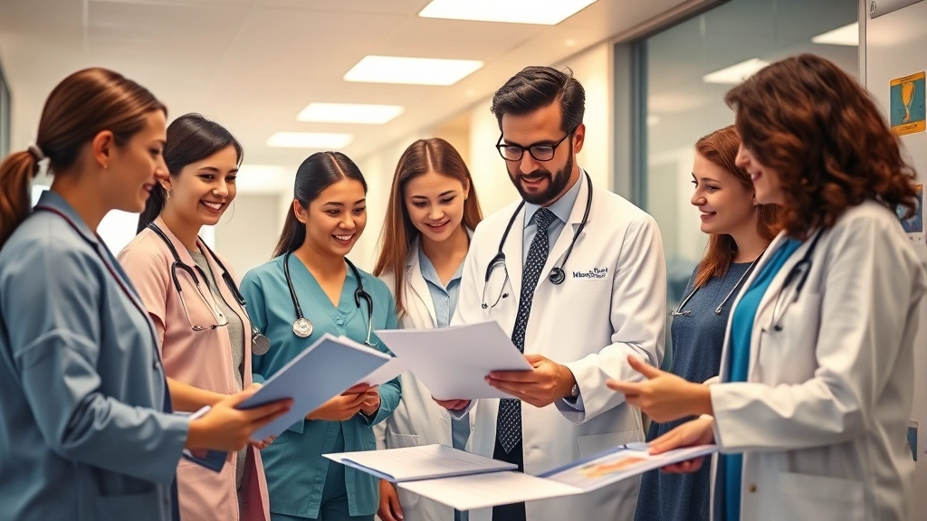 Diverse healthcare professionals in modern clinic setting collaborating around patient records, warm lighting, professional attire, diverse team composition