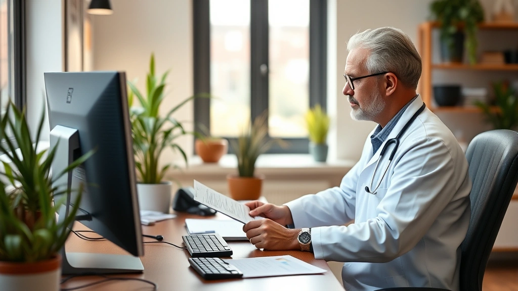 Healthcare provider in white coat reviewing patient medical chart at desk with computer, stethoscope visible, warm professional environment with plants and natural decor