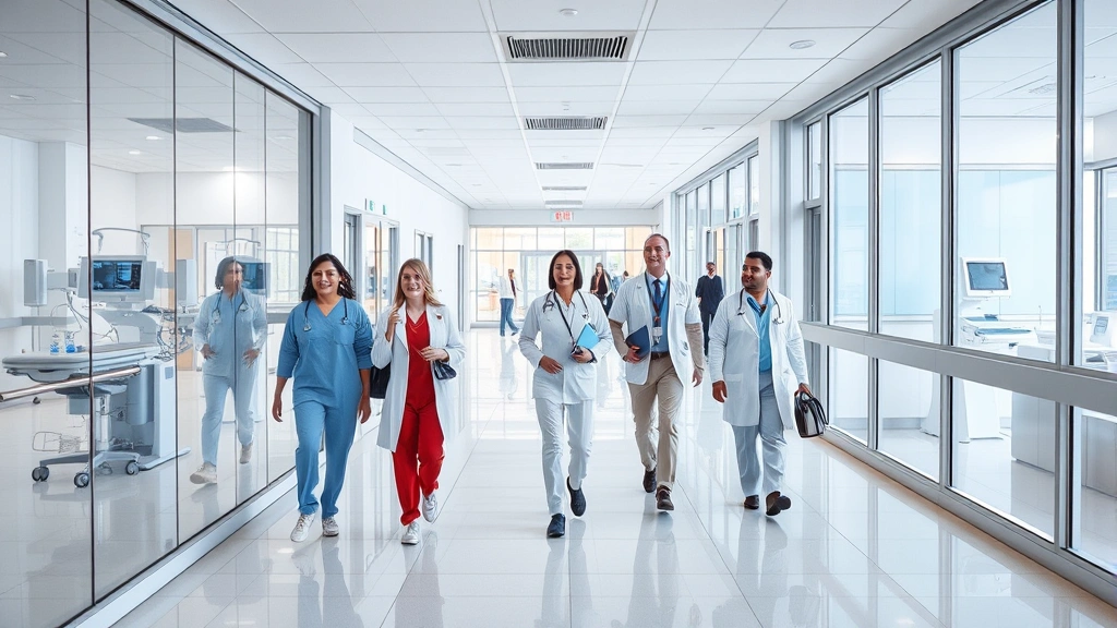 Modern healthcare facility interior with clean corridors, medical equipment visible through glass windows, natural lighting, welcoming atmosphere, diverse healthcare professionals walking