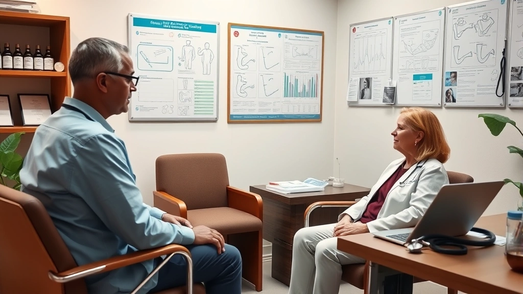 Patient consultation room with doctor and patient in discussion, comfortable seating, medical charts on wall, stethoscope and medical instruments on desk, warm lighting