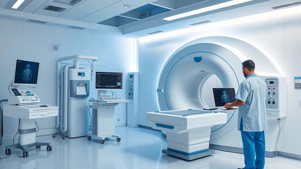 Advanced medical imaging room with MRI or CT scanner, technician at control panel, modern hospital equipment, clean white and blue color scheme, professional medical setting