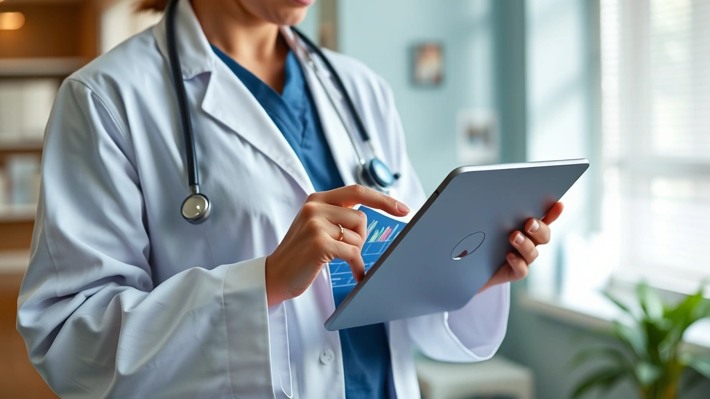 Healthcare worker reviewing digital tablet with medical charts and patient data on screen, professional medical office setting, natural lighting