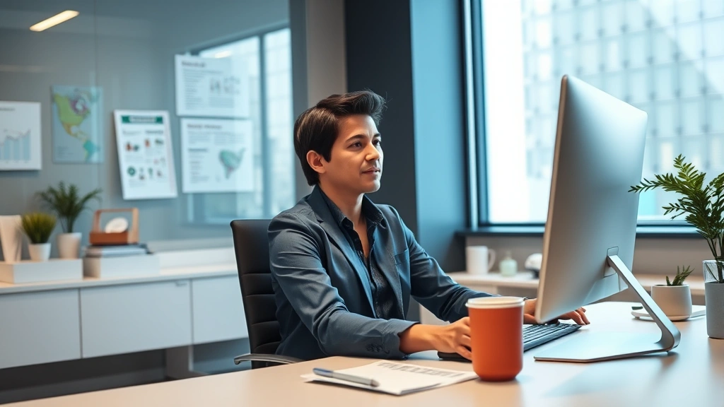 Employee at desk using computer accessing benefits portal, professional office environment with health-related documents and coffee cup visible