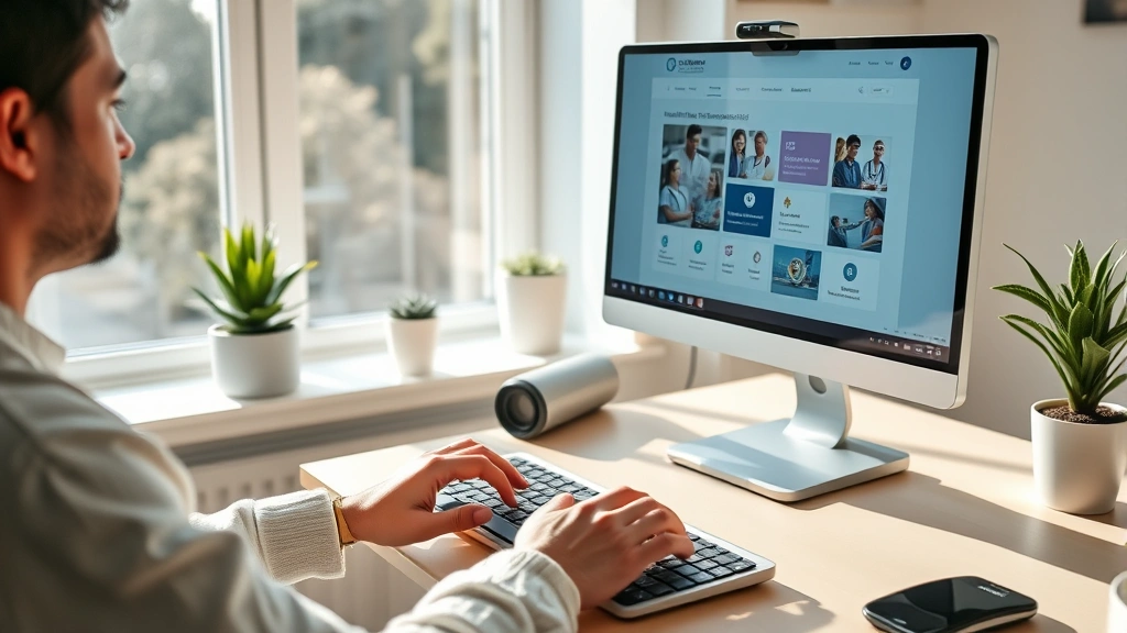 A person sitting at a desktop computer in a bright home office, hands on keyboard, looking at a healthcare portal interface on monitor screen, soft natural lighting from window