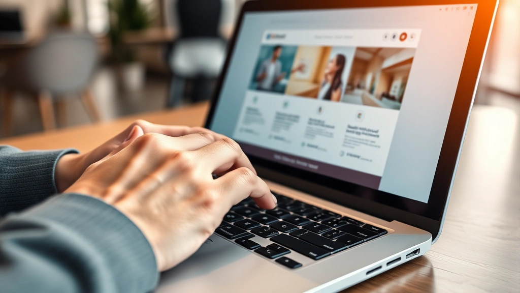 Close-up of hands typing on a modern laptop keyboard with a healthcare portal interface visible on screen, warm office lighting, professional environment