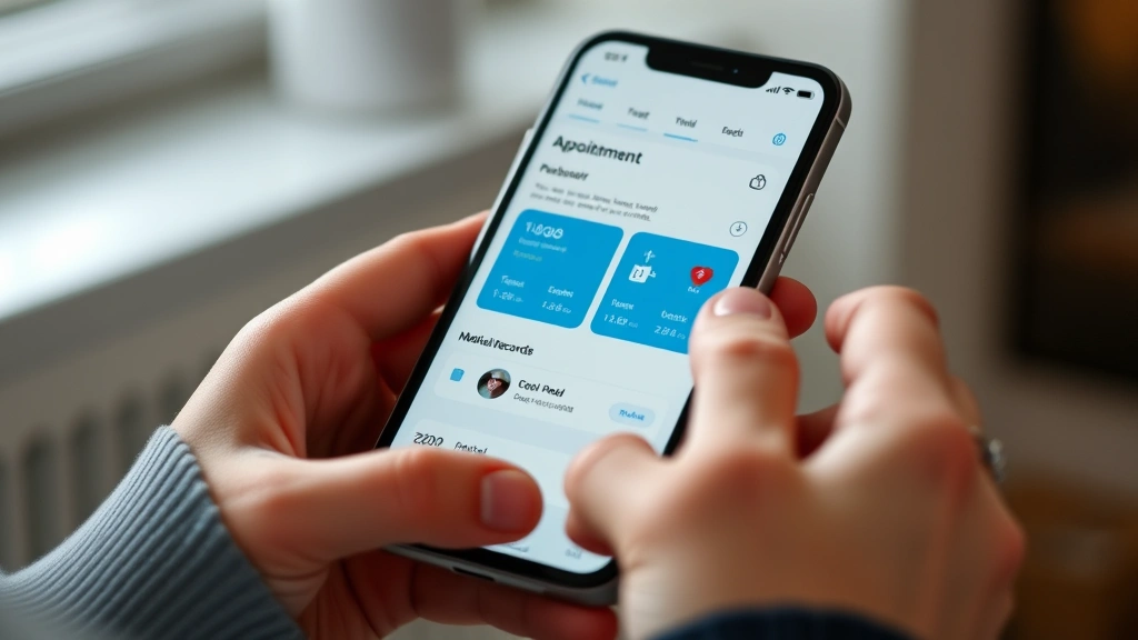 Close-up of hands holding a smartphone displaying a healthcare app dashboard with appointment calendar and medical records visible on screen