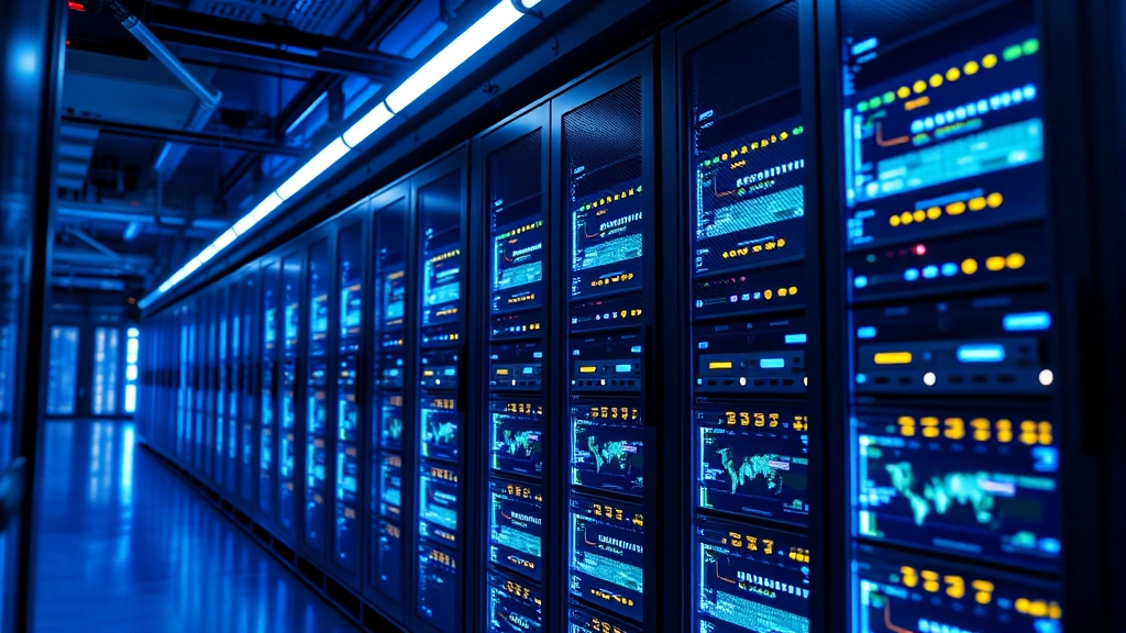 A secure data center with glowing server racks and blue security lights, representing encrypted healthcare data protection and system security infrastructure