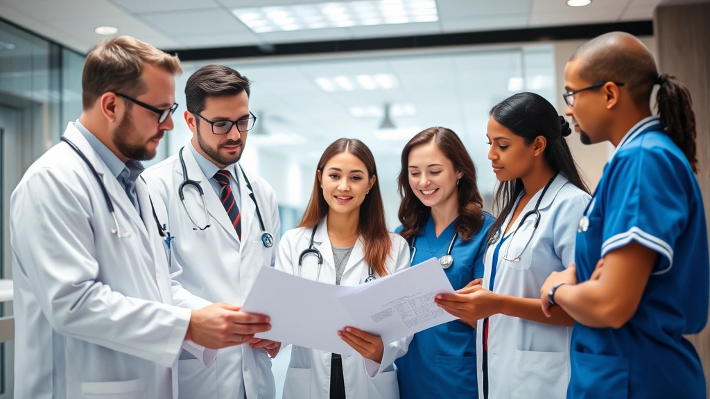 Diverse healthcare team including doctors, nurses, and staff collaborating in clinical setting, reviewing documents together, modern medical facility background