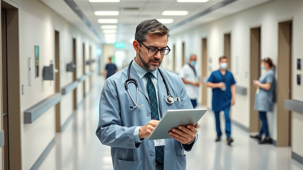 Professional healthcare administrator in modern hospital corridor reviewing patient data on tablet with medical staff in background