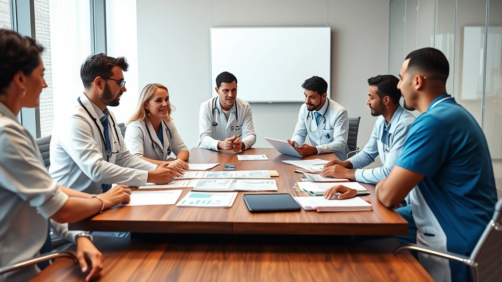 Diverse team of healthcare professionals in conference room discussing medical charts and operational strategies around wooden table