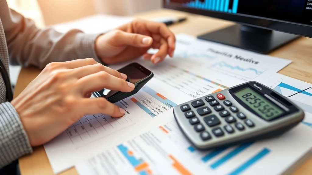 Close-up of hands analyzing healthcare financial reports and budget spreadsheets with calculator and computer screen visible